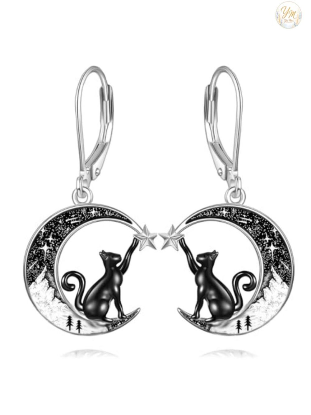 925 Sterling Silver Black Cat Moon Dangle Earrings Gothic Leverback